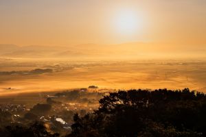 真作】掛軸 里山の情景 霧深き故郷の風景画 自然と人の営み 情景