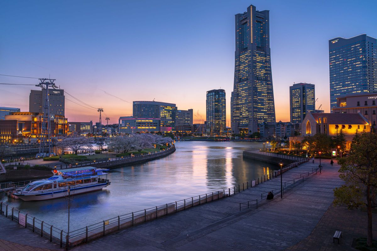 桜咲くみなとみらいの夕暮れ 街並み 建物 夜景 Ganref