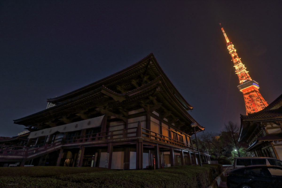増上寺と東京タワー 街並み 建物 夜景 Ganref