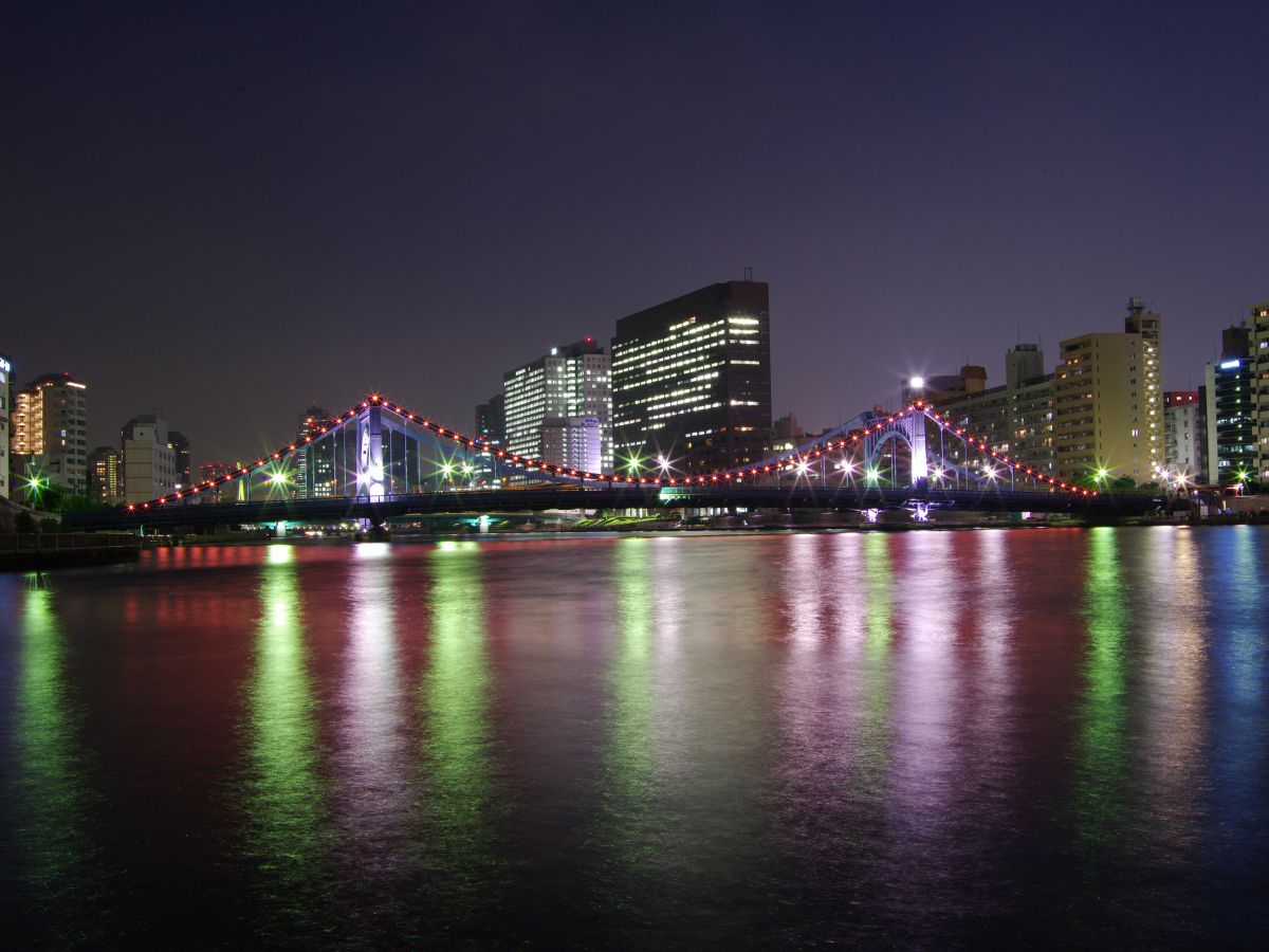 隅田川テラスより清洲橋 街並み 建物 夜景 Ganref